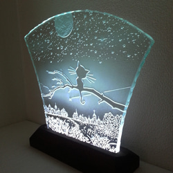 星降る夜・ネコ　ガラスエッチングパネル（満月） Lサイズ・LEDスタンドセット　（ねこ・猫） 4枚目の画像