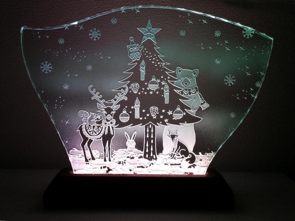 森のクリスマスのガラスエッチングパネル Lサイズ・LEDスタンドセット