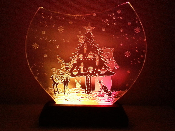 森のクリスマスのガラスエッチングパネル Mサイズ・LEDスタンドセット 5枚目の画像