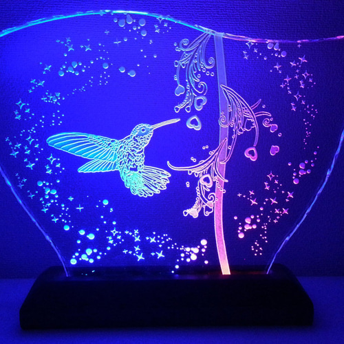 ハチドリのガラスエッチングパネル Lサイズ・LEDスタンドセット