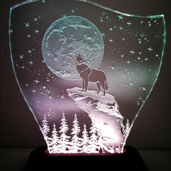 星月夜・オオカミ エッチングパネル Mサイズ・LEDスタンドセット