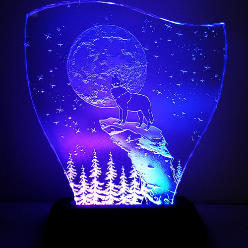 星月夜・オオカミ エッチングパネル Mサイズ・LEDスタンドセット