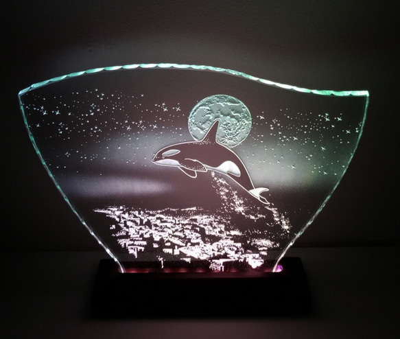 星夜，虎鯨玻璃蝕刻板L尺寸，LED支架套裝（逆戟鯨，琥珀色，燈，燈光，照明） 第2張的照片