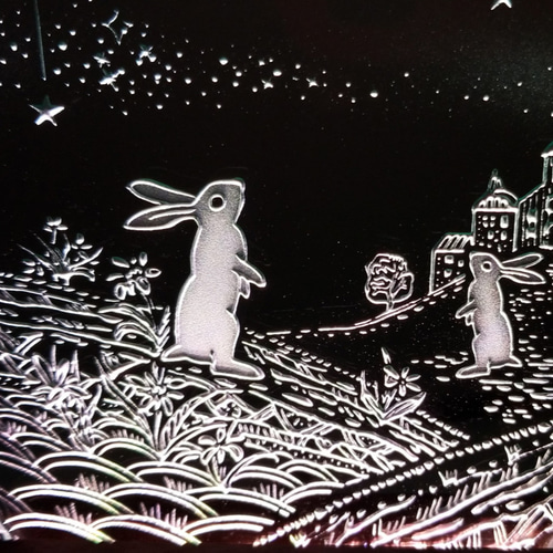 満月と2羽のウサギ （ガラス：Mサイズ）SCULPTORIUM ガラスエッチング