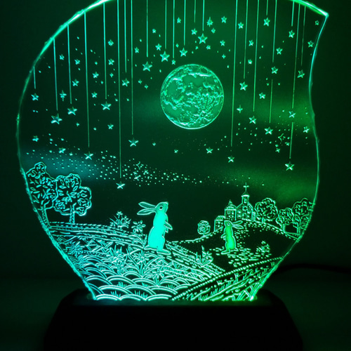 満月と2羽のウサギ （ガラス：Mサイズ）SCULPTORIUM ガラスエッチング