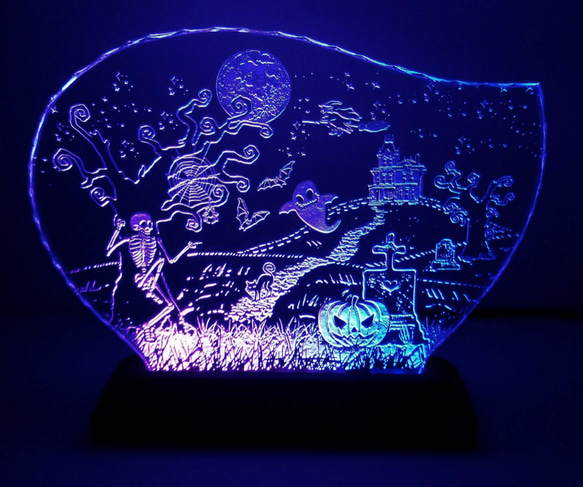 ハロウィンのガラスエッチングパネル Lサイズ・LEDスタンドセット 4枚目の画像