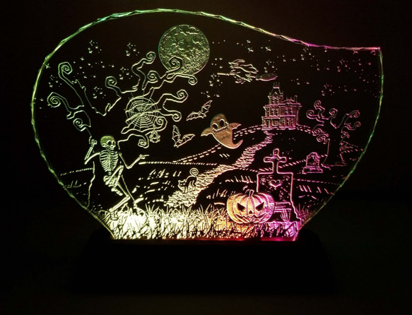 ハロウィンのガラスエッチングパネル Lサイズ・LEDスタンドセット 5枚目の画像