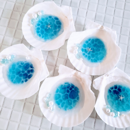 ☆幸せを呼ぶアクアマリン&パールのビーチ☆煌めく海塗り天然シェル皿