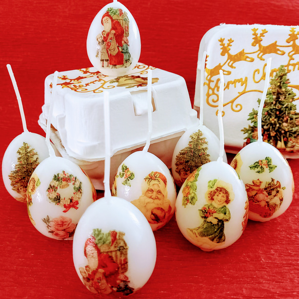 可愛い紙パッケージ入り!クリスマスのたまご型デコパージュキャンドル4個セット『JOYFUL EGGS 』 9枚目の画像