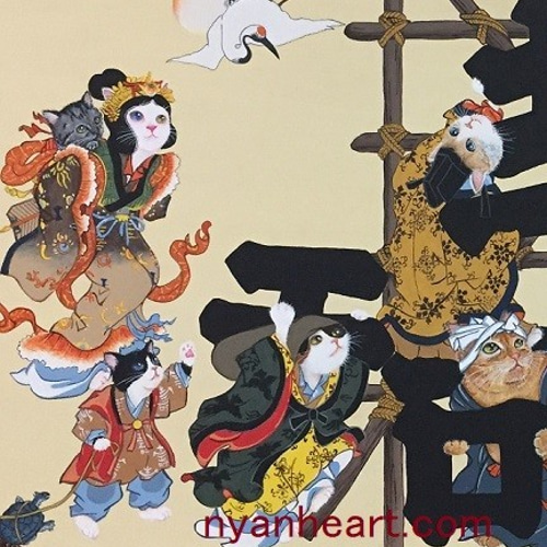 原画】猫の「七福神寿柱之建図」／油彩額入(額お取り寄せ） 絵画 猫心