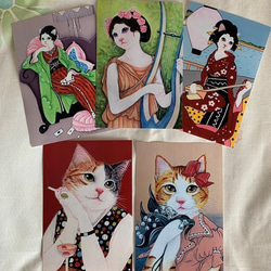 猫心ポストカード／大正レトロ昭和モダン5枚セット 1枚目の画像
