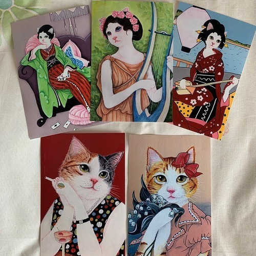 猫心ポストカード／大正レトロ昭和モダン5枚セット ポストカード 猫心