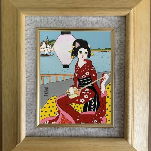 原画】大正ロマン「蘭燈」／猫のアクリル画 絵画 猫心～にゃんはーと