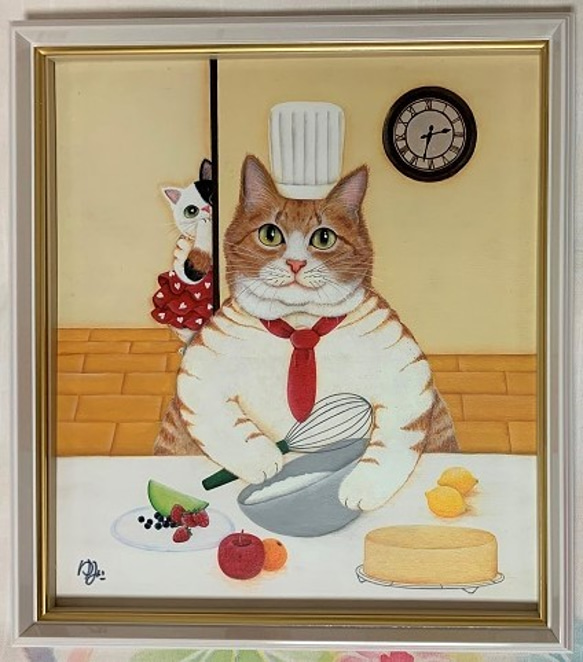 原画】「パパはパティシエ」／ぽっちゃり猫 絵画 猫心～にゃん