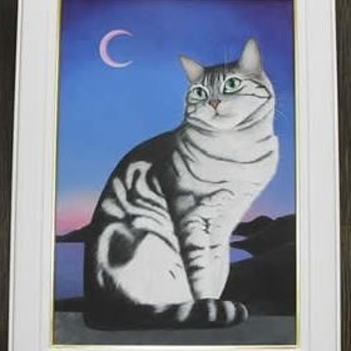 原画】幻想的な夜と猫「憧れ」／油彩額入り 絵画 猫心～にゃん