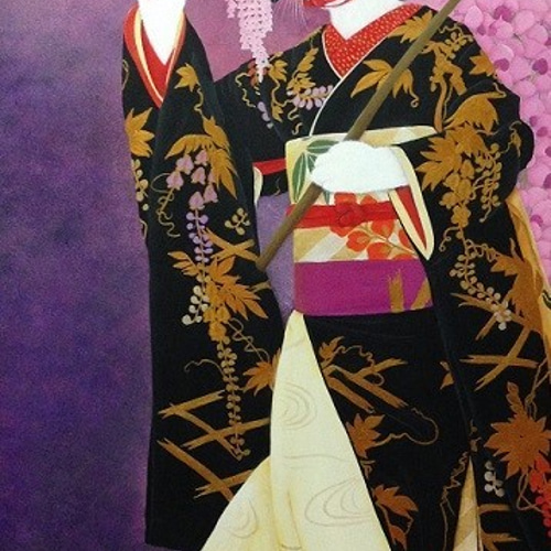 原画】猫の「藤娘」／歌舞伎／アクリル画／M30号油彩額入り