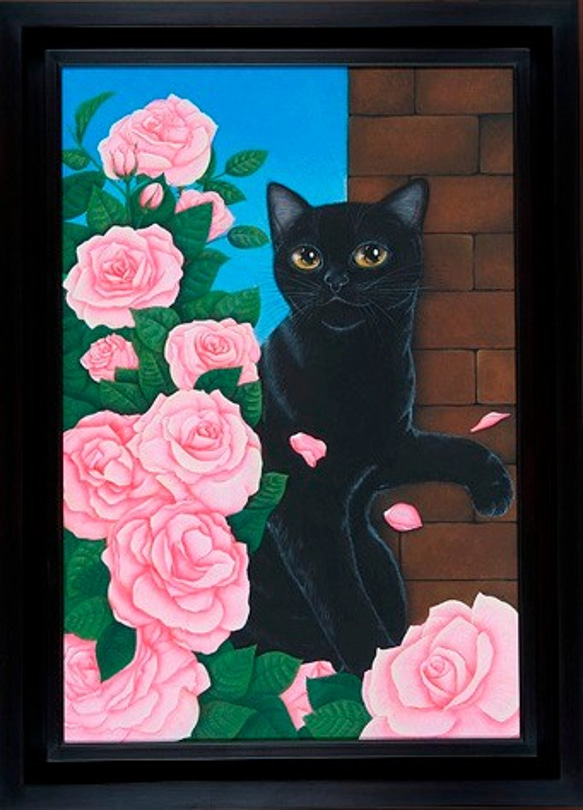 原画】薔薇園の黒猫／油彩額入り 絵画 猫心～にゃんはーと
