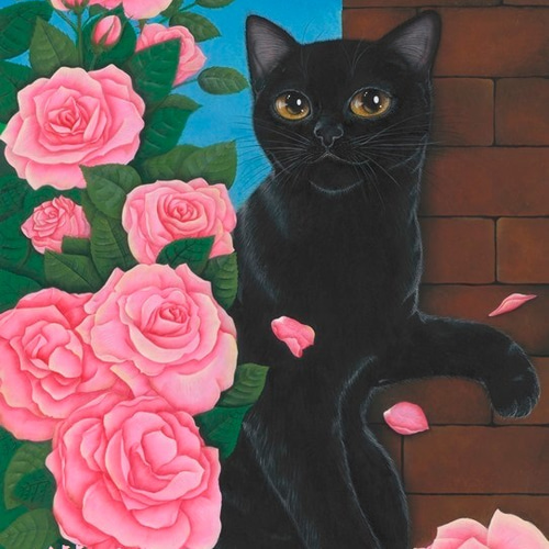 原画】薔薇園の黒猫／油彩額入り 絵画 猫心～にゃんはーと