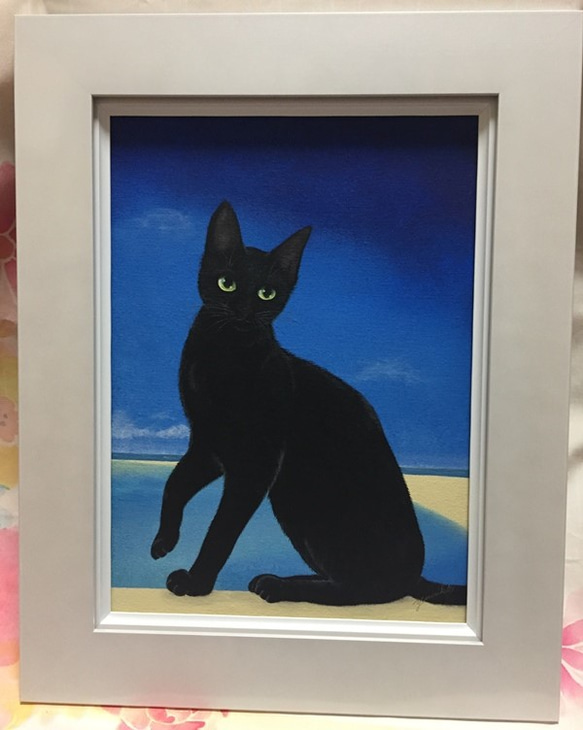 黒猫 クレヨン画 猫 原画 猫 絵画 子猫 イラスト 水彩色鉛筆 油彩色鉛筆 原画 黒猫ちゃん