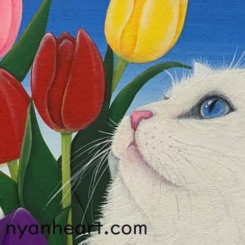 原画】チューリップと猫「Colorful」／油彩額 絵画 猫心～にゃん