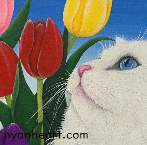 【原画】チューリップと猫「Colorful」／油彩額 3枚目の画像