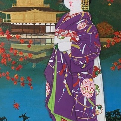 原画】猫の舞妓／紅葉の金閣寺／額お取り寄せ 絵画 猫心～にゃん