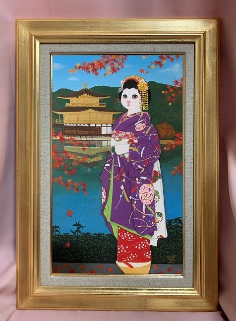 原画】猫の舞妓／紅葉の金閣寺／額お取り寄せ 絵画 猫心～にゃん