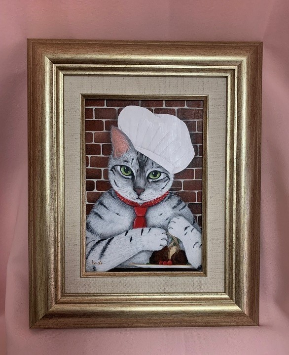絵画 インテリア 絵 額付(銀) 油絵 F4-072019 猫と女の子(蟻さん) 絵画額付 ( 銀 ) 油絵F4-072019子猫と女の子（ 蟻さん）