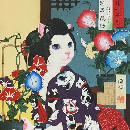 原画】猫と朝顔の浮世絵「入谷の朝顔」／額お取り寄せ 絵画 猫心