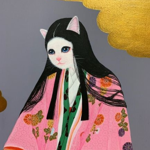 原画】猫の源氏物語／藤壺／歌舞伎／油彩額 絵画 猫心～にゃん
