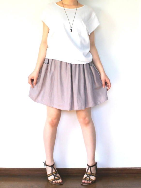 リネン ギャザーミニスカート 薄紫 5枚目の画像