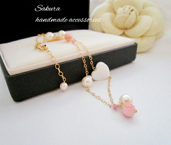 ★14kgf★ピンクオパールとアコヤ真珠のハートネックレス★