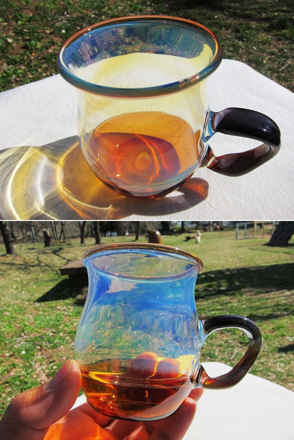 耐熱ガラスのマグカップ　２　オレンジブルー 5枚目の画像