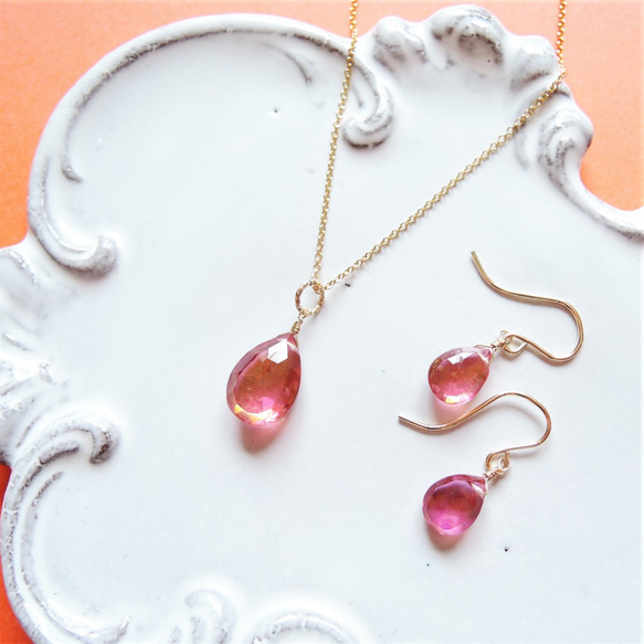 【數量有限/耳環可換】Akane Sora 粉紅色 x 黃色雙色石英 14KGF 鉤形耳環 第8張的照片