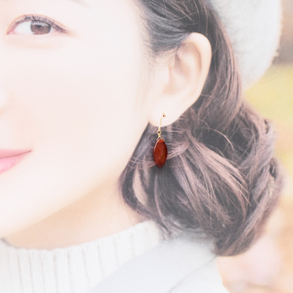 半額SALE【訳あり・選べる】なつめ風　レッドアゲート　大粒マーキス　サージカルステンレスフックピアス 7枚目の画像