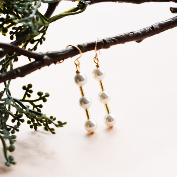 新春作品【耳環可換，數量有限】貝殼珍珠三重線14KGF耳環 第2張的照片