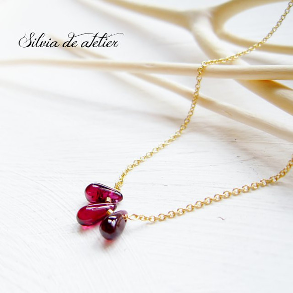 Rhodolite Garnet Smooth Drop 3pcs 14kgf金鍊項鍊 第4張的照片