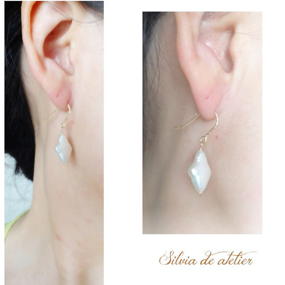 扁菱形型　白　淡水珍珠　14kgf鉤狀耳環 第6張的照片