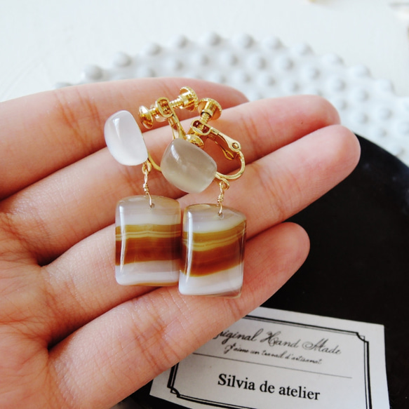 【1点のみ・ピアス変更不可】カフェモカ　ボツワナアゲート　ムーンストーンイヤリング 4枚目の画像