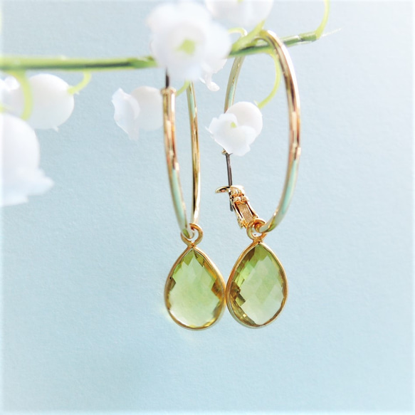 【剩餘1對可更換耳環】綠金檸檬石英大梨形金箍（鈦柱） 第1張的照片