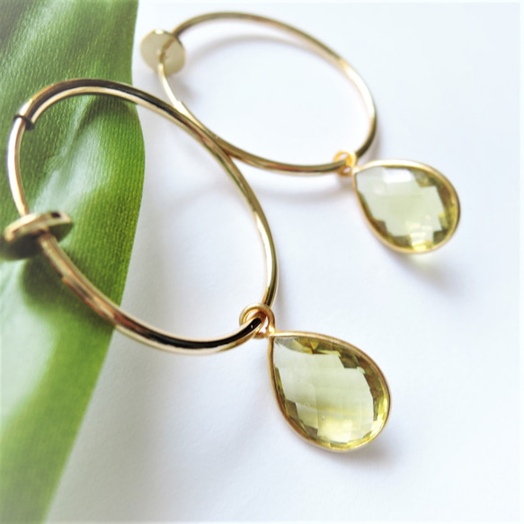 【剩餘1對可更換耳環】綠金檸檬石英大梨形金箍（鈦柱） 第3張的照片