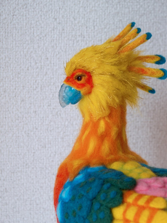木製 鳥の彫刻 約30cm（フェルティング彫刻「火の鳥」☆羊毛フェルト 