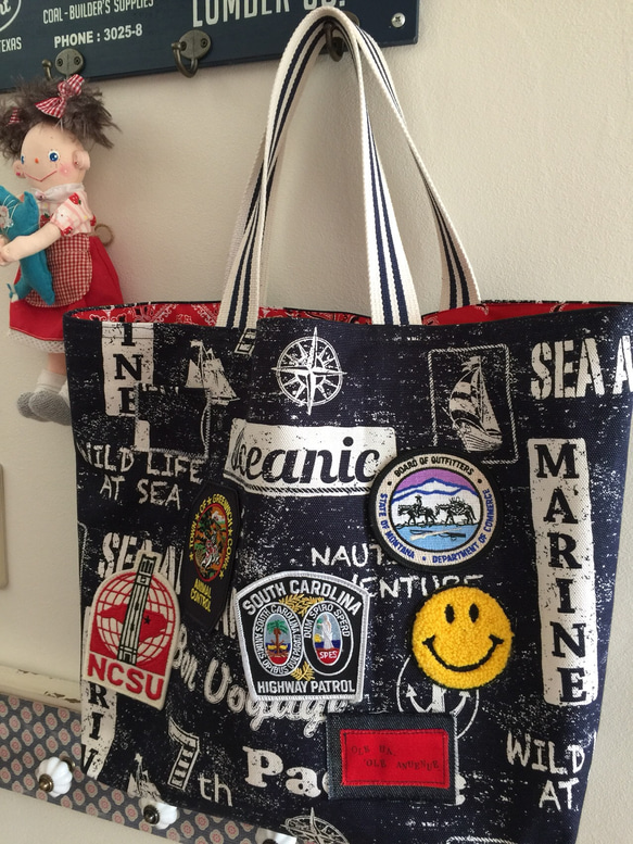 売り切れました8号帆布濃紺色アメリカンマリンビーチワッペントート  