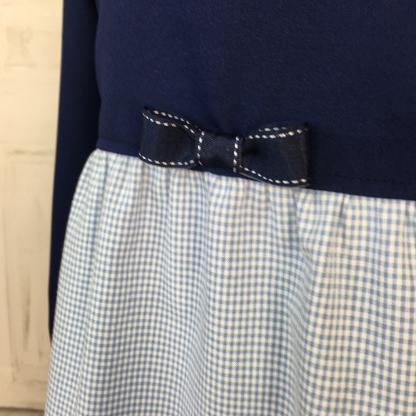 衿付き紺色ギンガムチェックワンピース120cm 3枚目の画像