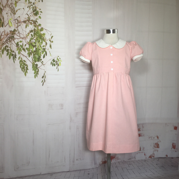 白衿付きサーモンピンクギンガムチェックワンピース130cm 子供服