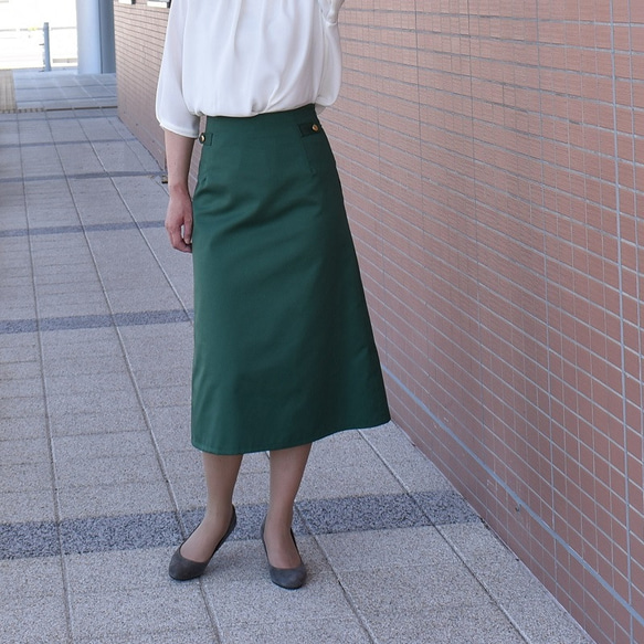 7-17号（後ゴム）TCツイル釦Aラインスカート グリーン タイト