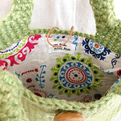 【一点物】手染め手織り麻ひもかごバッグ　編み上げてさげバッグ　若草色 5枚目の画像