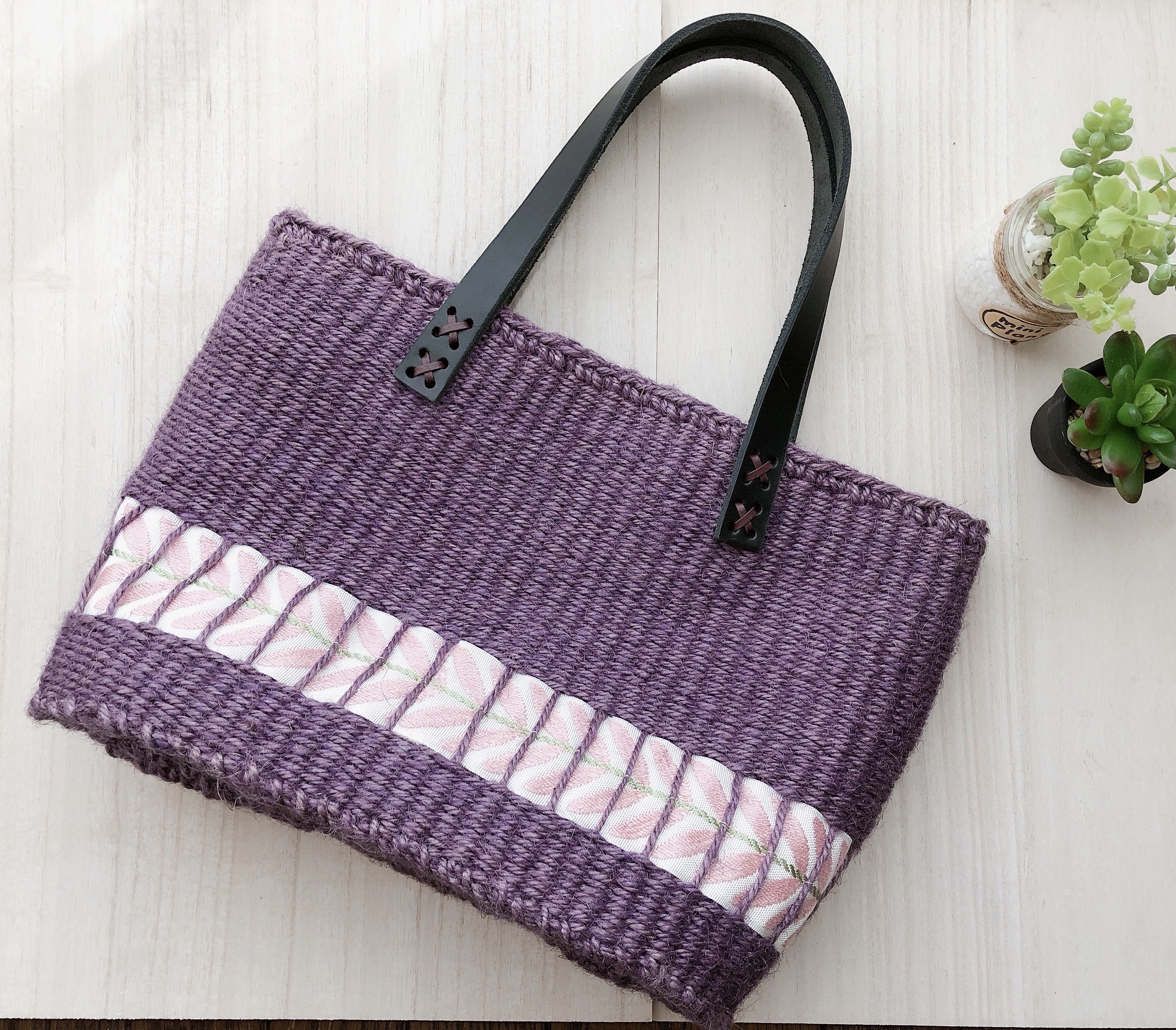 【1点物】天然素材 麻ひもかごバッグ　バスケット型バッグ　紫