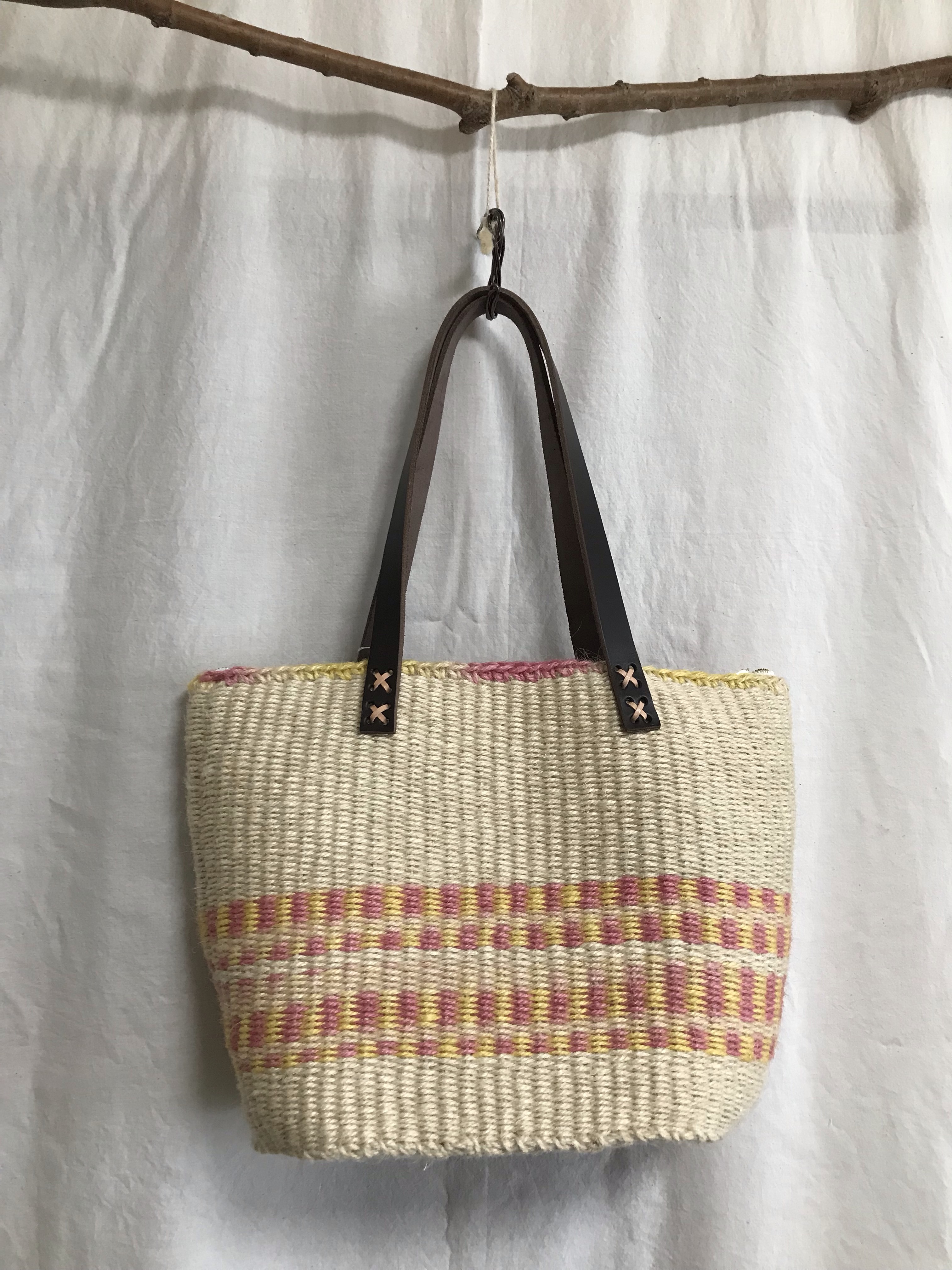 【一点物】天然素材段染め麻ひもかごバッグ　マルシェバッグ　ホワイト