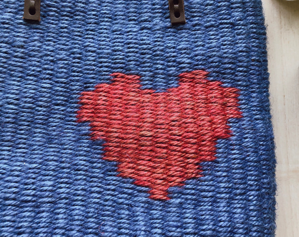 【1点物】天然素材　手織り麻ひもかごバッグ　ブルー　ハート　2way 3枚目の画像